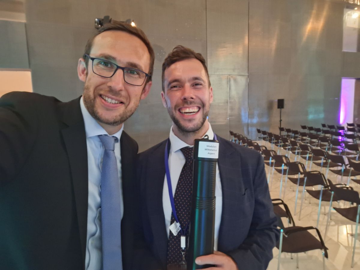 Roland Bernhard and Aron Marton on the day his school received the Austrian State Prize for Innovative Schools, September 2023