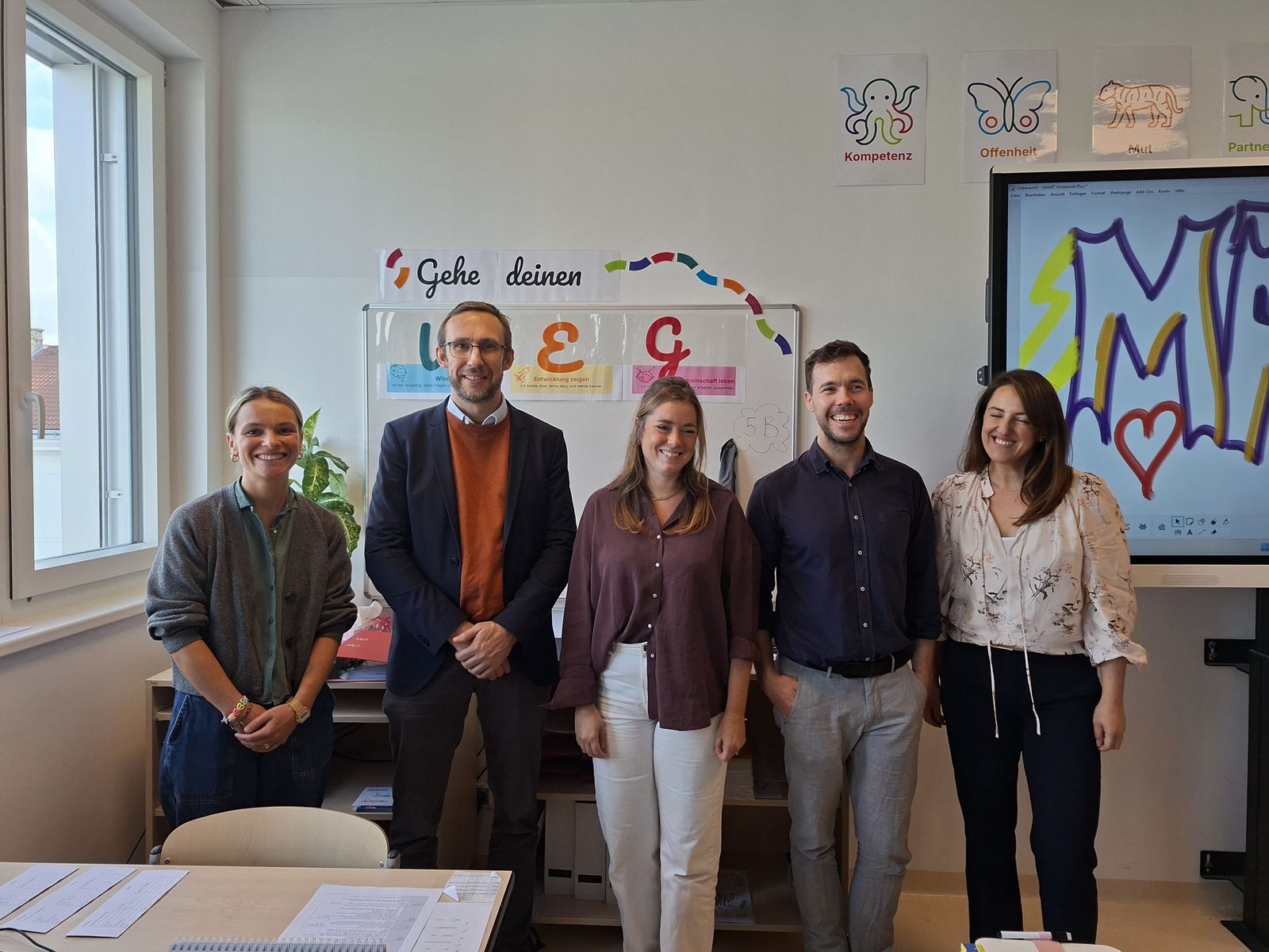 Sophie Lonyay, Roland Bernhard, Verena Wohlers, Aron Marton and Denise Hofer in a classroom of the Kompass School of Character Favoriten, Vienna, September 2026