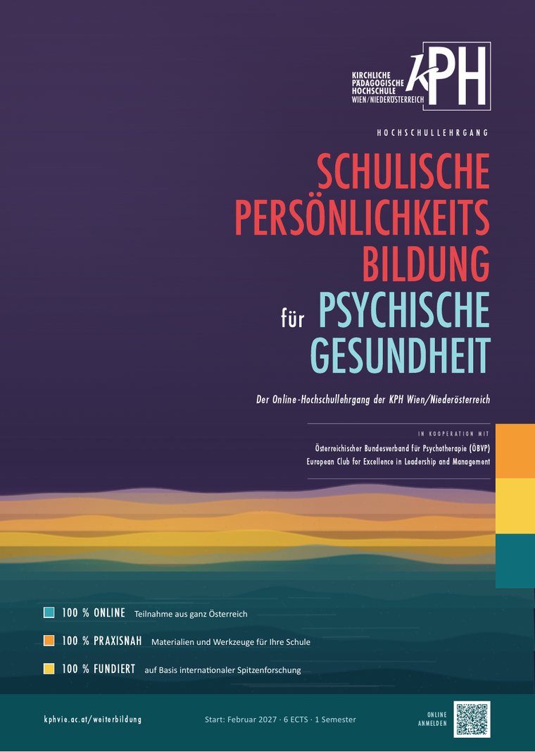Titelseite des Folders zum Hochschullehrgang Schulische Persönlichkeitsbildung für psychische Gesundheit der KPH Wien/Niederösterreich