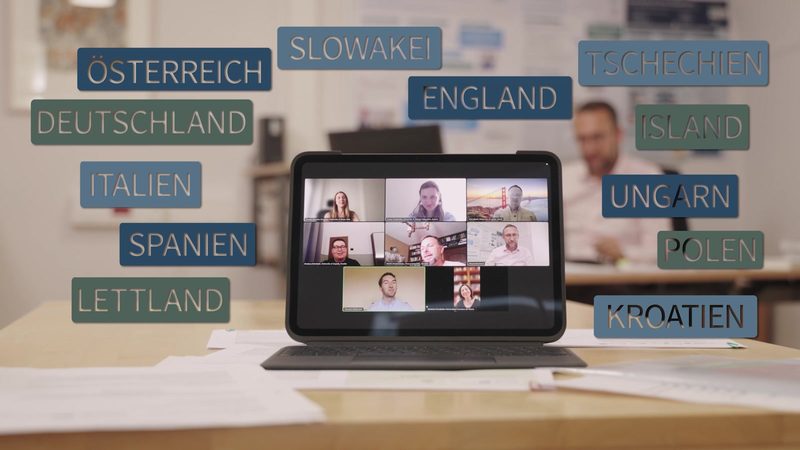A tablet showing a video call with researchers; around it the names of twelve countries